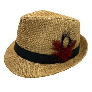 Tan Fedora Feather Straw Hat Men Women Derby Hat Preppy Summer Music Festival